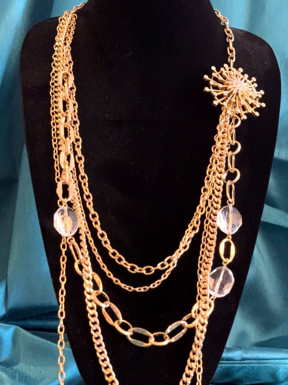 R.J. Graziano Gold Multi Strand Starburst Rhinestone Long Necklace